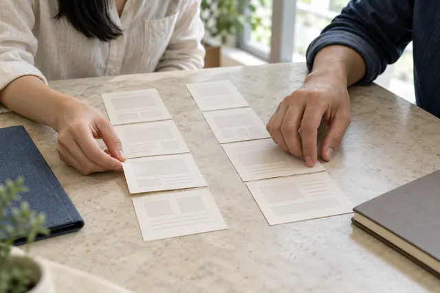 Close view of laptop and mobile layouts being checked alongside organised bilingual content notes.