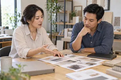 Two professionals discussing company information and a presentation at a naturally lit meeting table.