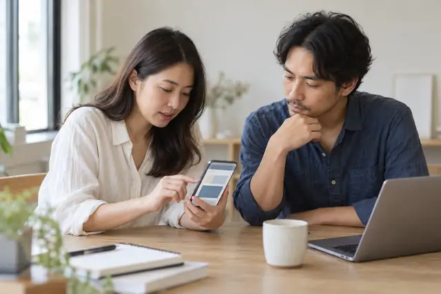 自然光の入る作業スペースで、事業主とウェブ制作者がスマートフォンのサービスページを一緒に確認している様子。