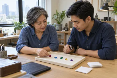 Two adults discussing gemstone selection with reference materials and examination tools at a quiet table.