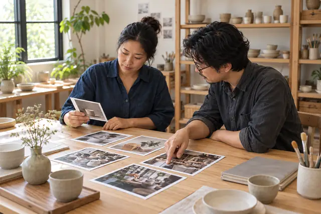 事業主と資料制作者が、会社案内に使う商品写真や作業工程の写真を選んでいる様子。