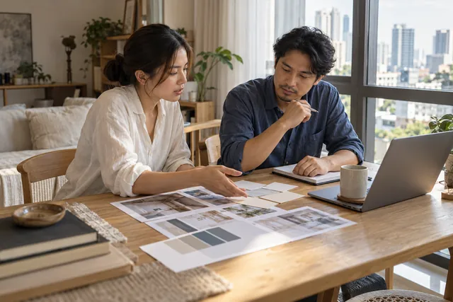 ผู้ใหญ่สองคนพูดคุยเรื่องเว็บไซต์ที่โต๊ะสว่าง มีแล็ปท็อปและกระดาษวางแผนที่ไม่มีข้อความ